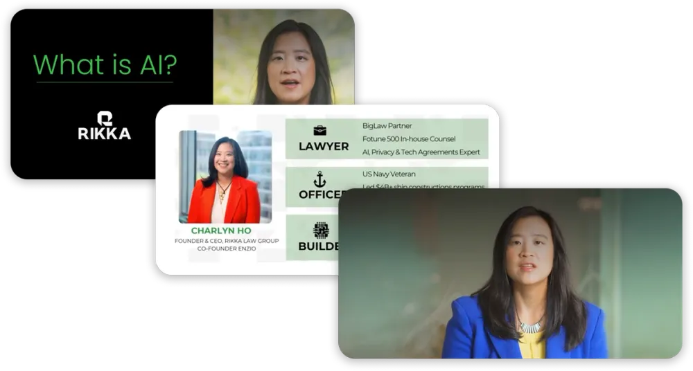 Stack of three video thumbnails featuring Charlyn Ho covering What Is AI, a webinar on building AI into legal practice, and a discussion on AI governance for companies, representing Rikka Law's free video library on AI and technology law
