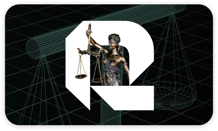 Rikka Law R icon with a Lady Justice scales statue over a dark abstract greenish blue background representing legal staff augmentation and human capital management services