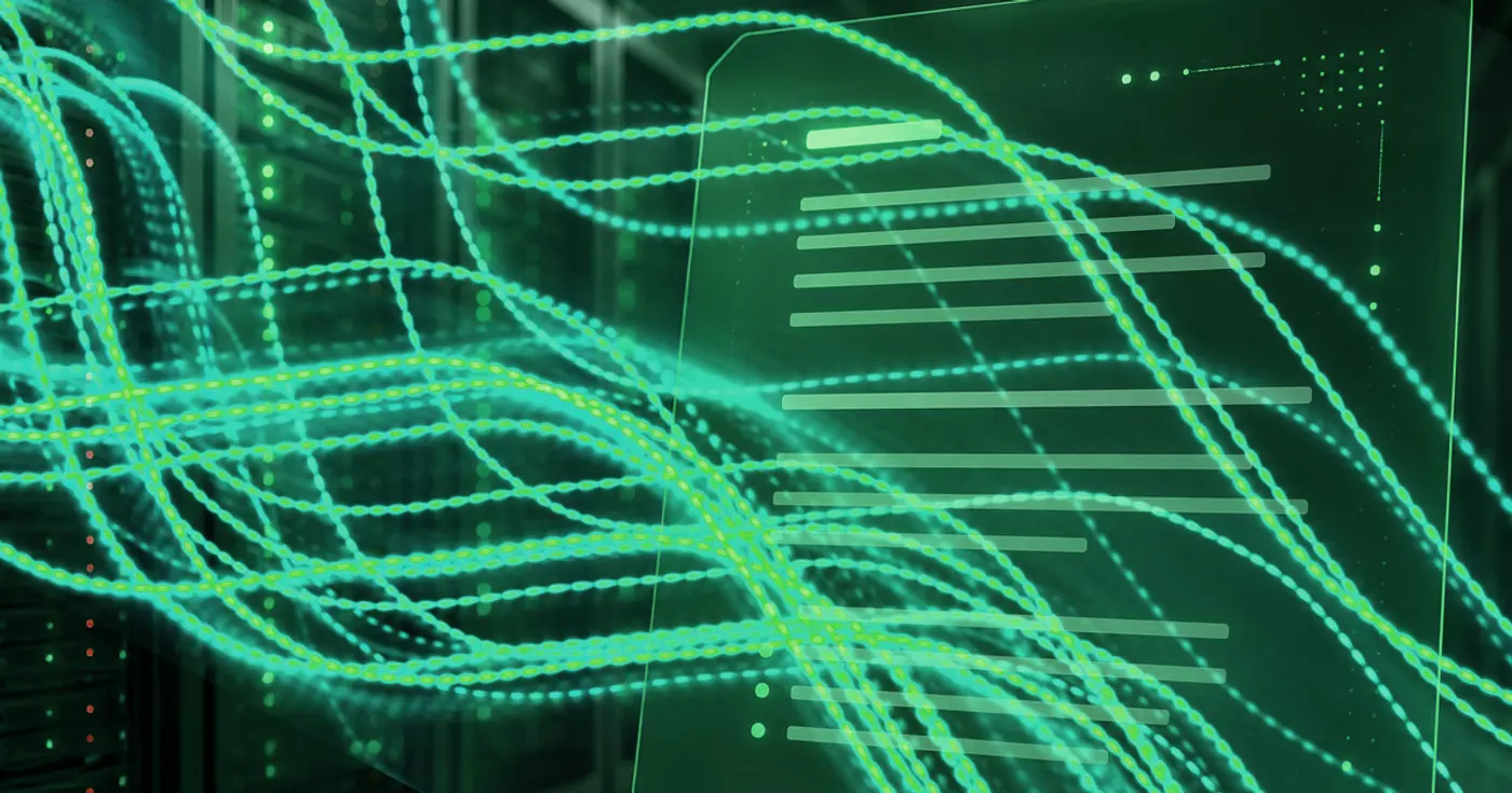 Abstract illustration of a legal contract behind glowing green technology lines, representing Rikka Law's case study on negotiating generative AI vendor terms for a regulated financial services enterprise