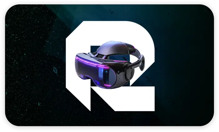 Rikka Law R icon with a VR headset over a dark abstract background representing legal services for startups and emerging technology companies