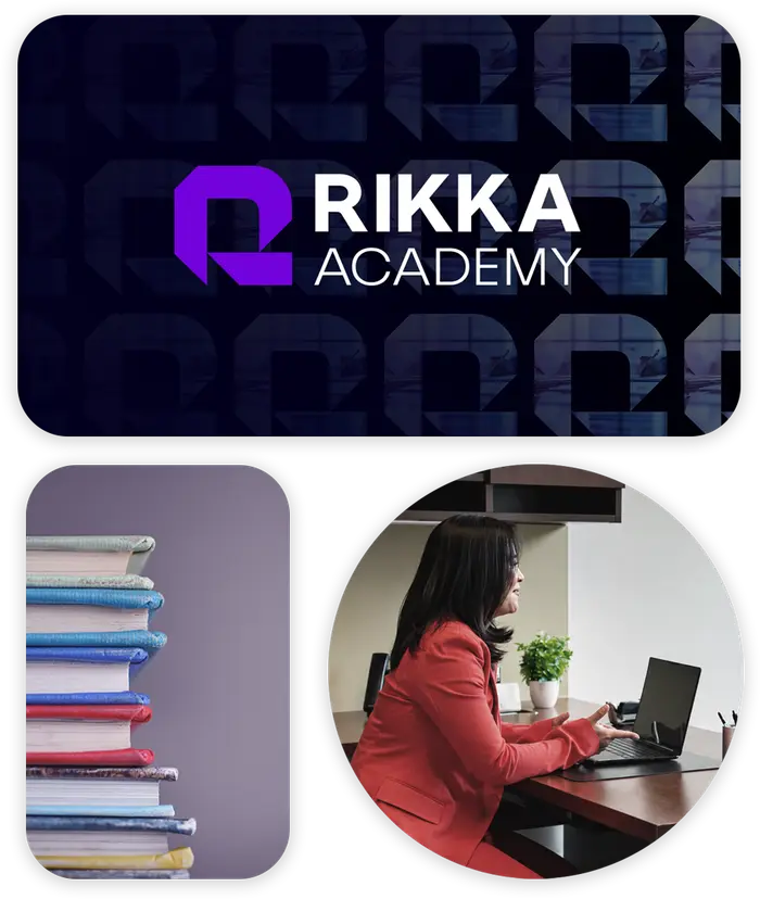 Rikka Academy Legal Training for Lawyers Collage showing the Rikka Academy platform, a stack of colorful books, and Charlyn Ho at her desk, representing Rikka Law's practical legal education and training programs for lawyers in AI and technology law