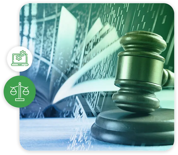 Gavel alongside scales and laptop with gear icons representing Rikka Law's business and technology transactions legal ser