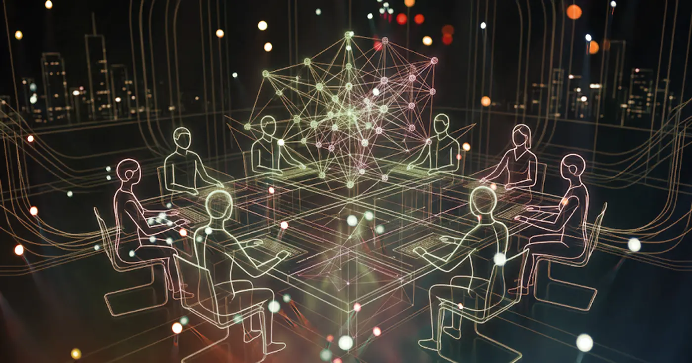 Abstract illustration of professionals at a boardroom table with technology nodes, representing Rikka Law's case study on building an enterprise AI governance program for a public company