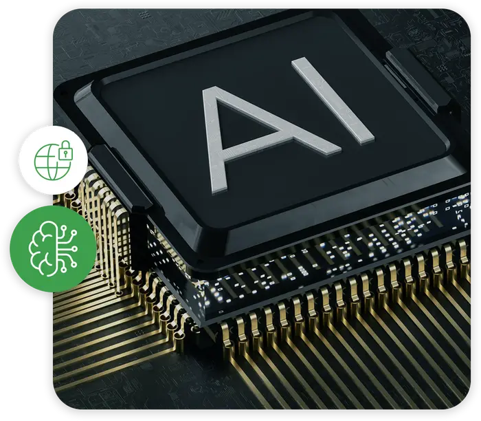Close up of a circuit board with AI text alongside a globe with a lock and AI brain icons representing Rikka Law's artificial intelligence legal services and governance