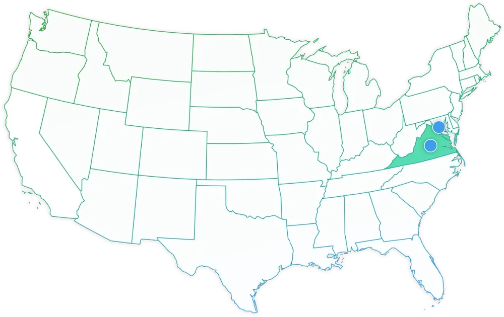 Map of the United States highlighting Washington DC and Virginia, where Rikka Law is licensed to practice technology and data privacy law