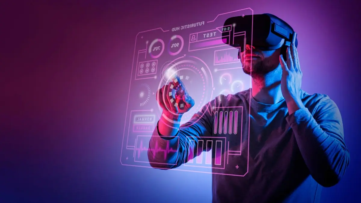 Man wearing a VR headset interacting with a virtual technology interface representing emerging tech adoption and innovation policy