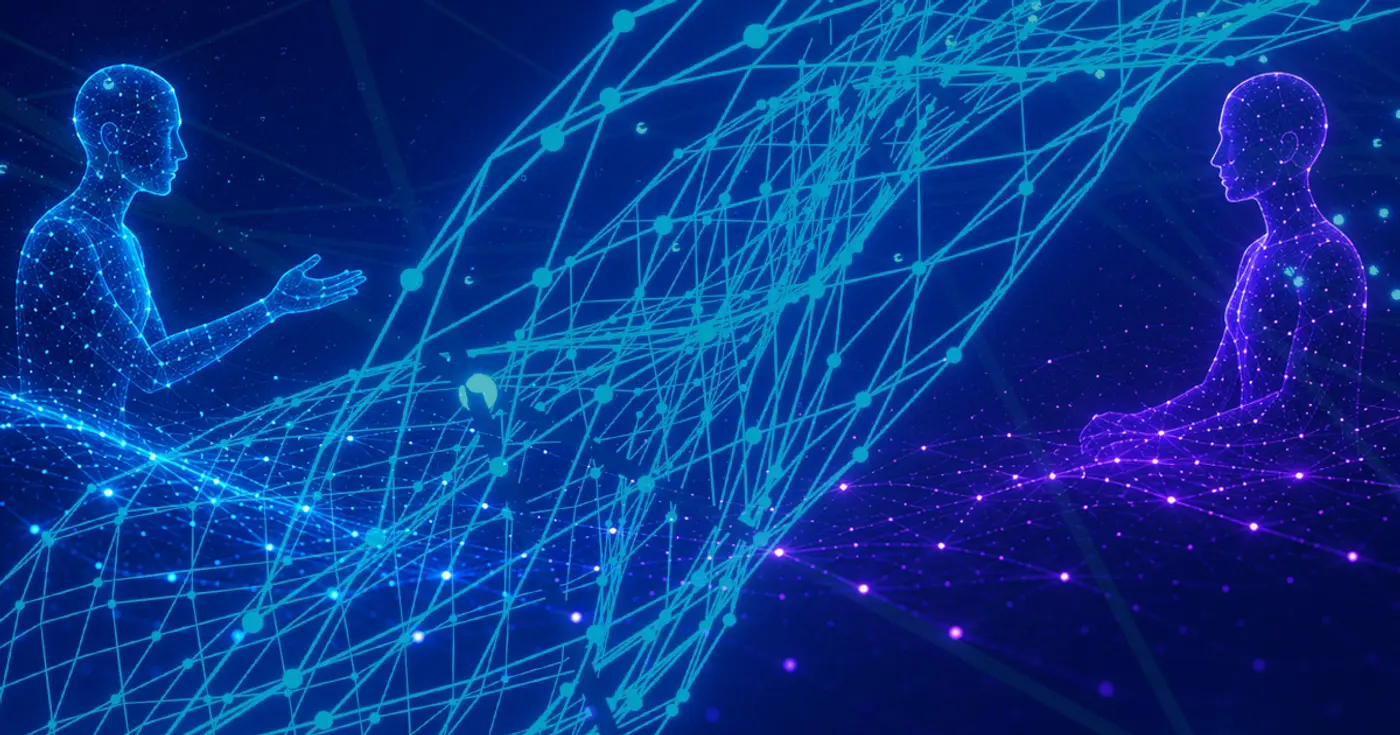 Abstract graphic with human figures representing an AI conversational coaching platform, illustrating Rikka Law's case study on negotiating an AI coaching agreement for a financial services enterprise