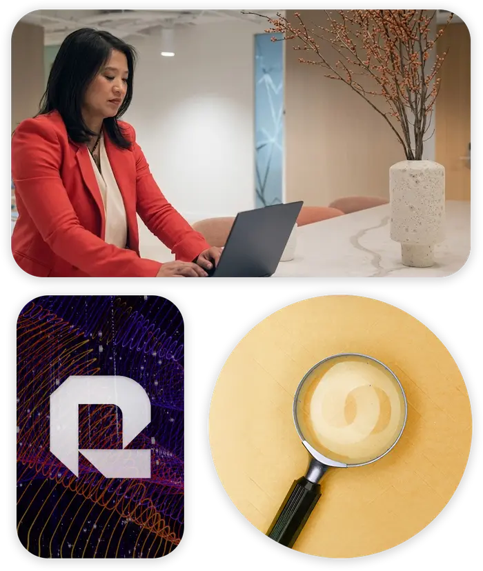 Collage showing Rikka Law founder Charlyn Ho, the Rikka Law logo, and a legal research magnifying glass, representing the firm's case studies and capability spotlights in technology and AI law