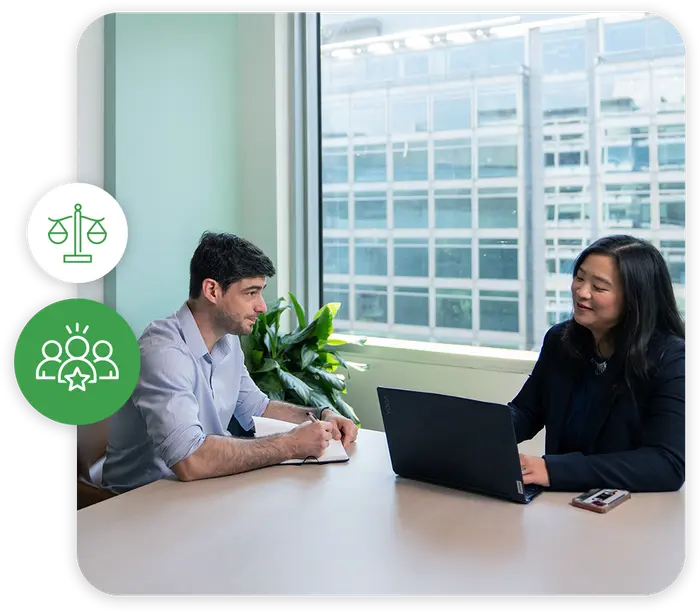 Charlyn working with a coworker, group of people with star, and scales icons representing Rikka Law's legal staff augmentation and human capital management services