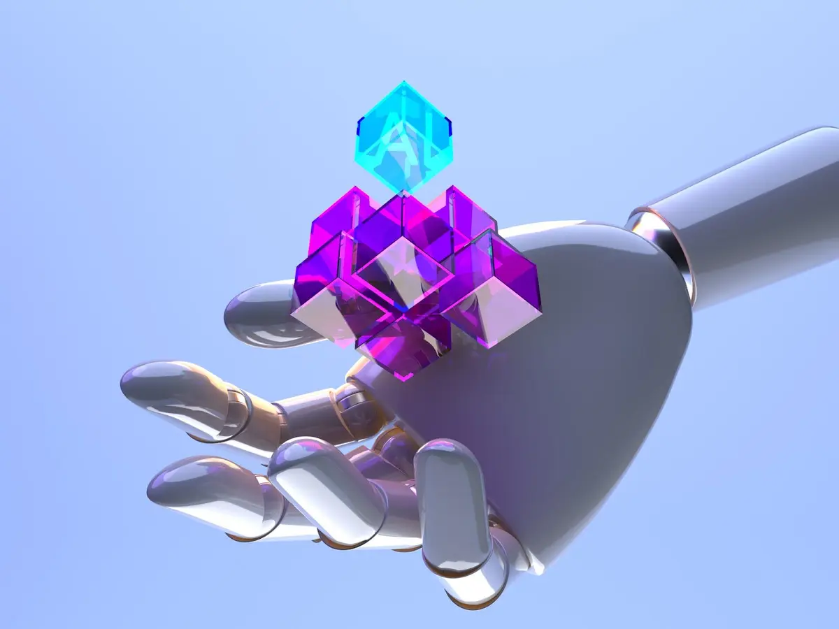 Open robot hand with a floating AI text block representing artificial intelligence innovation and adoption in the technology sector