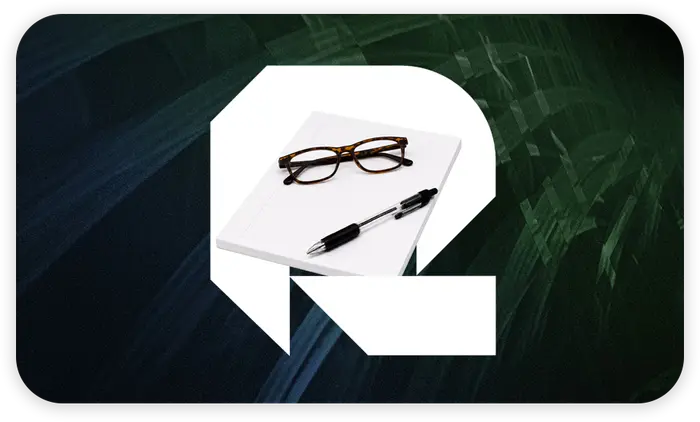 Rikka Law R icon with a notebook, pen, and glasses over a dark painterly abstract background representing Rikka Law's practical legal education and training programs for lawyers