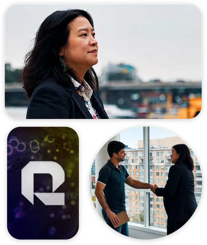 Collage showing Rikka Law founder Charlyn Ho, the Rikka Law logo, and Charlyn Ho shaking hands with a client, representing Rikka Law's integrated legal services for technology businesses