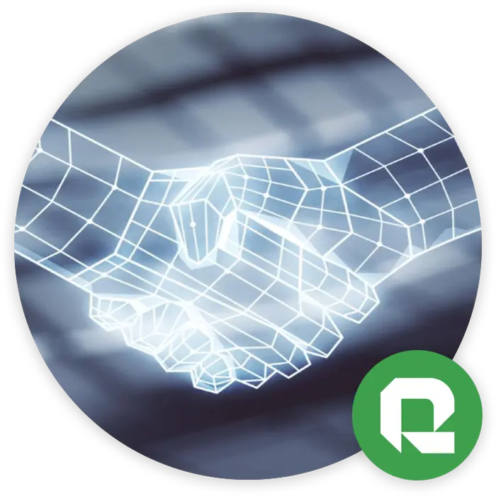 Abstract glowing technology handshake graphic with Rikka icon