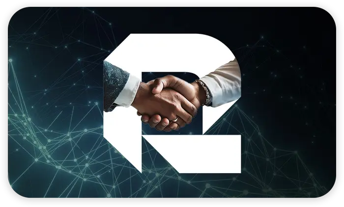Rikka Law R icon with a handshake over an abstract blue nodes background representing business and technology transactions legal services