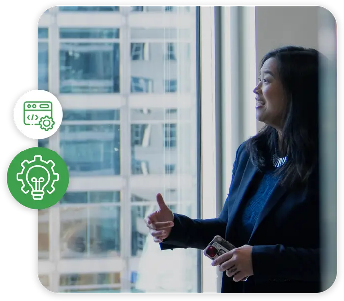 Charlyn talking alongside a lightbulb and webpage gear icons representing Rikka Law's legal services for startups and emerging technology companies