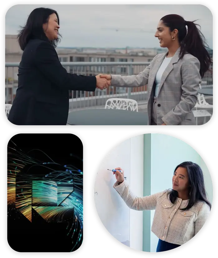 Group of 3 images | Charlyn Ho with Client | Charlyn Ho writing on whiteboard | Abstract Rikka Icon