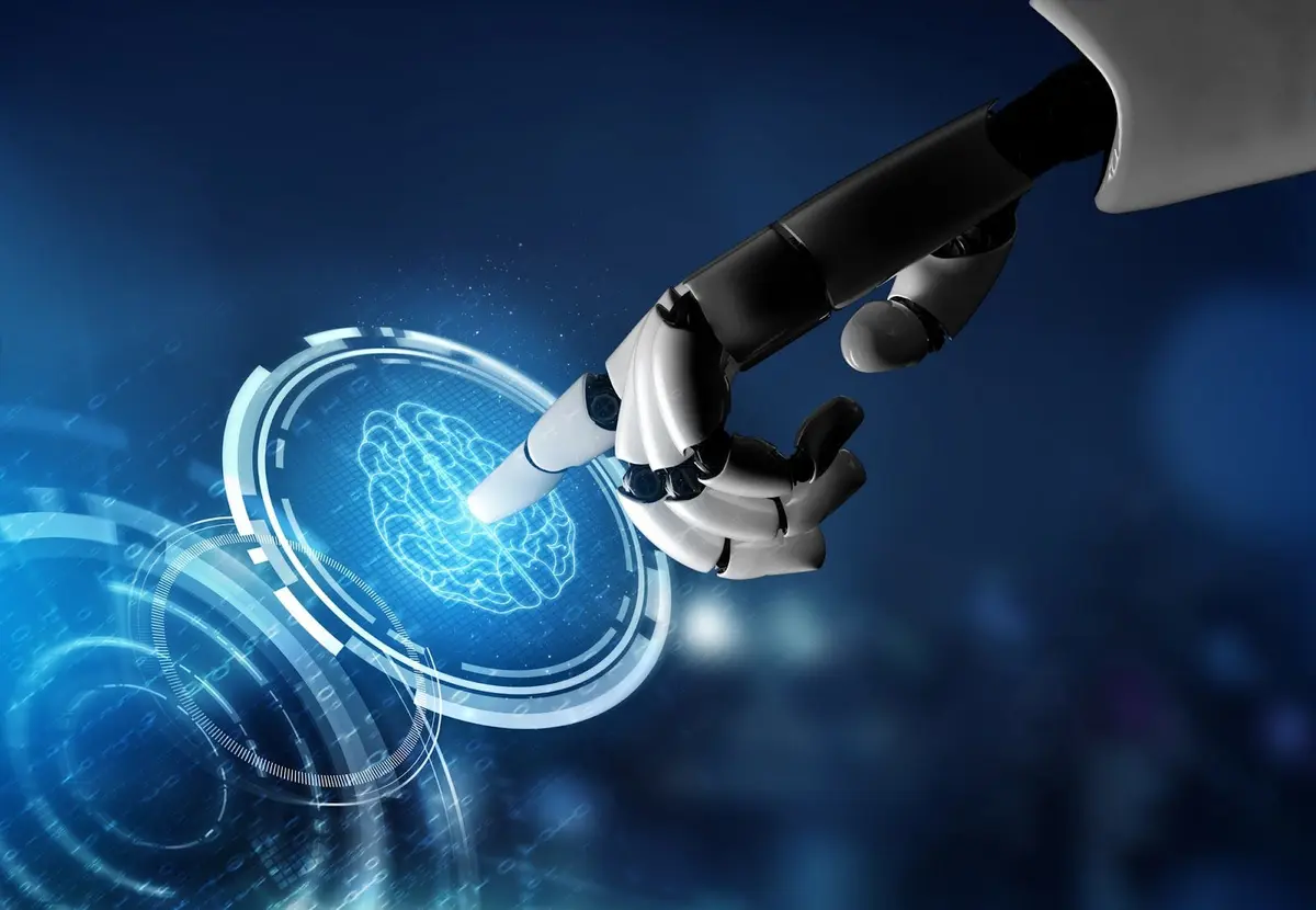 Robot hand pointing at a circular button with a brain icon representing artificial intelligence capabilities and policy development