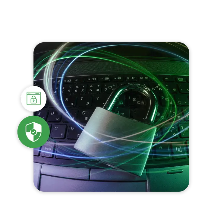 Laptop with a lock alongside a shield, lock, and webpage icons representing Rikka Law's data privacy and cybersecurity legal services